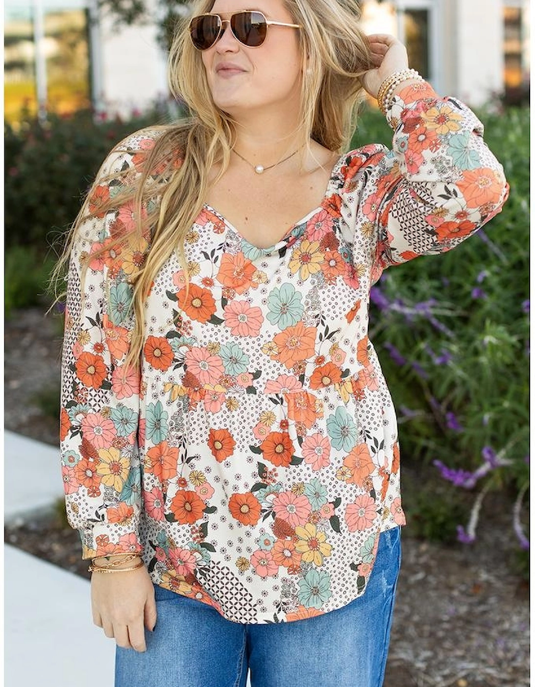 Khaki Plus Size Flower Print Square Neck Peplum Blouse