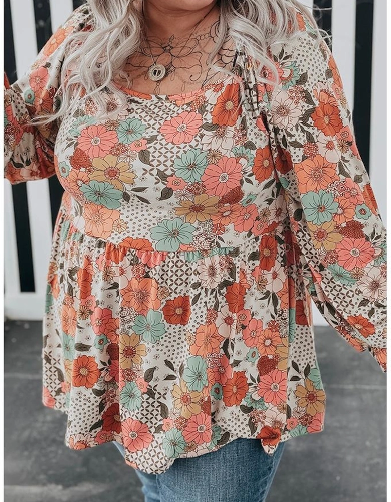 Khaki Plus Size Flower Print Square Neck Peplum Blouse