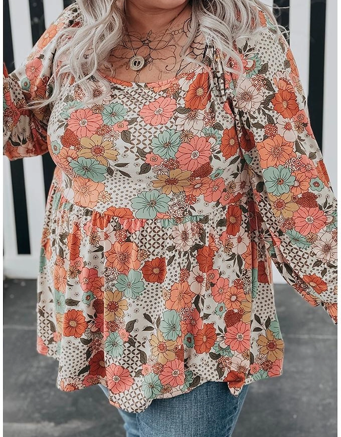 Khaki Plus Size Flower Print Square Neck Peplum Blouse