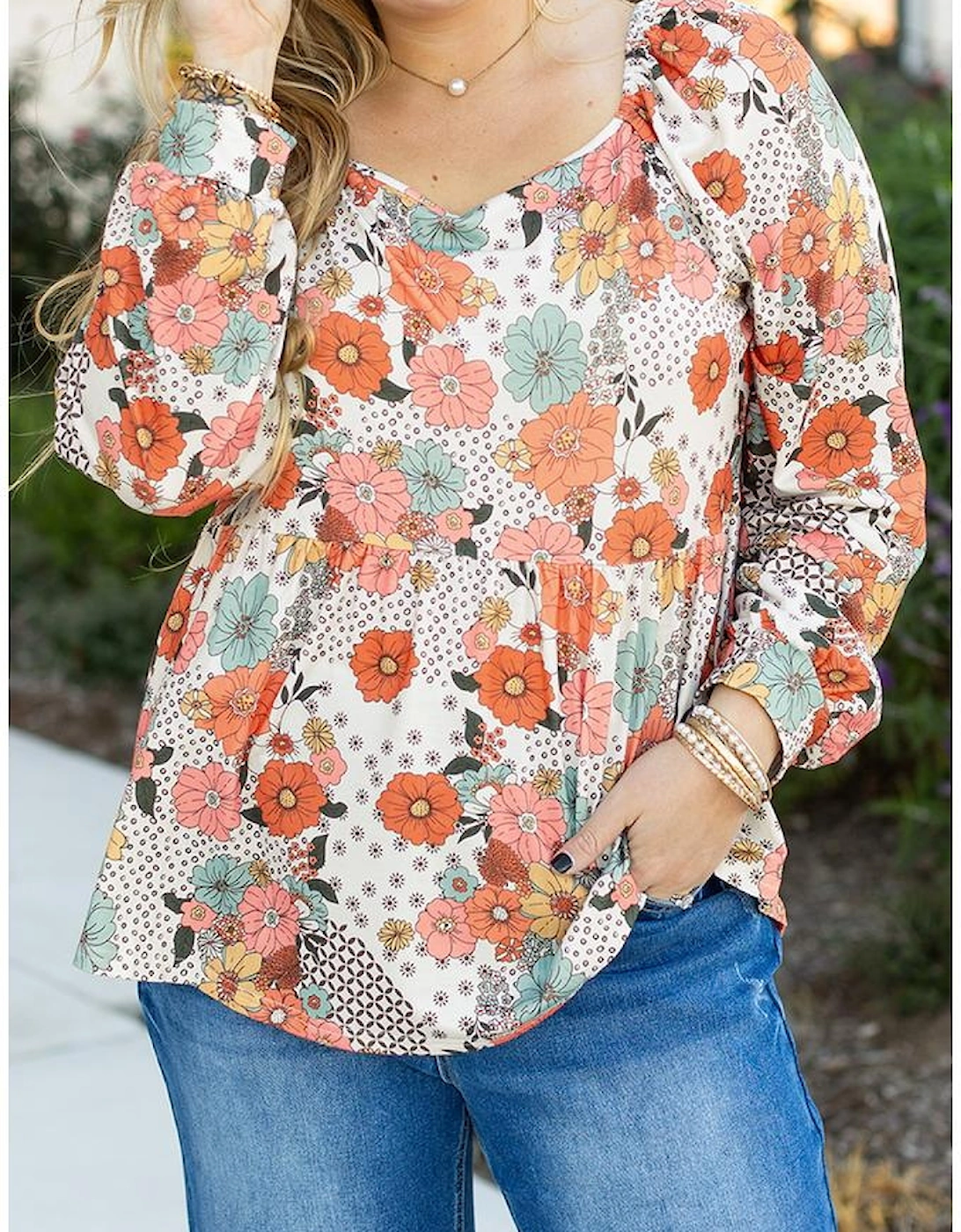 Khaki Plus Size Flower Print Square Neck Peplum Blouse