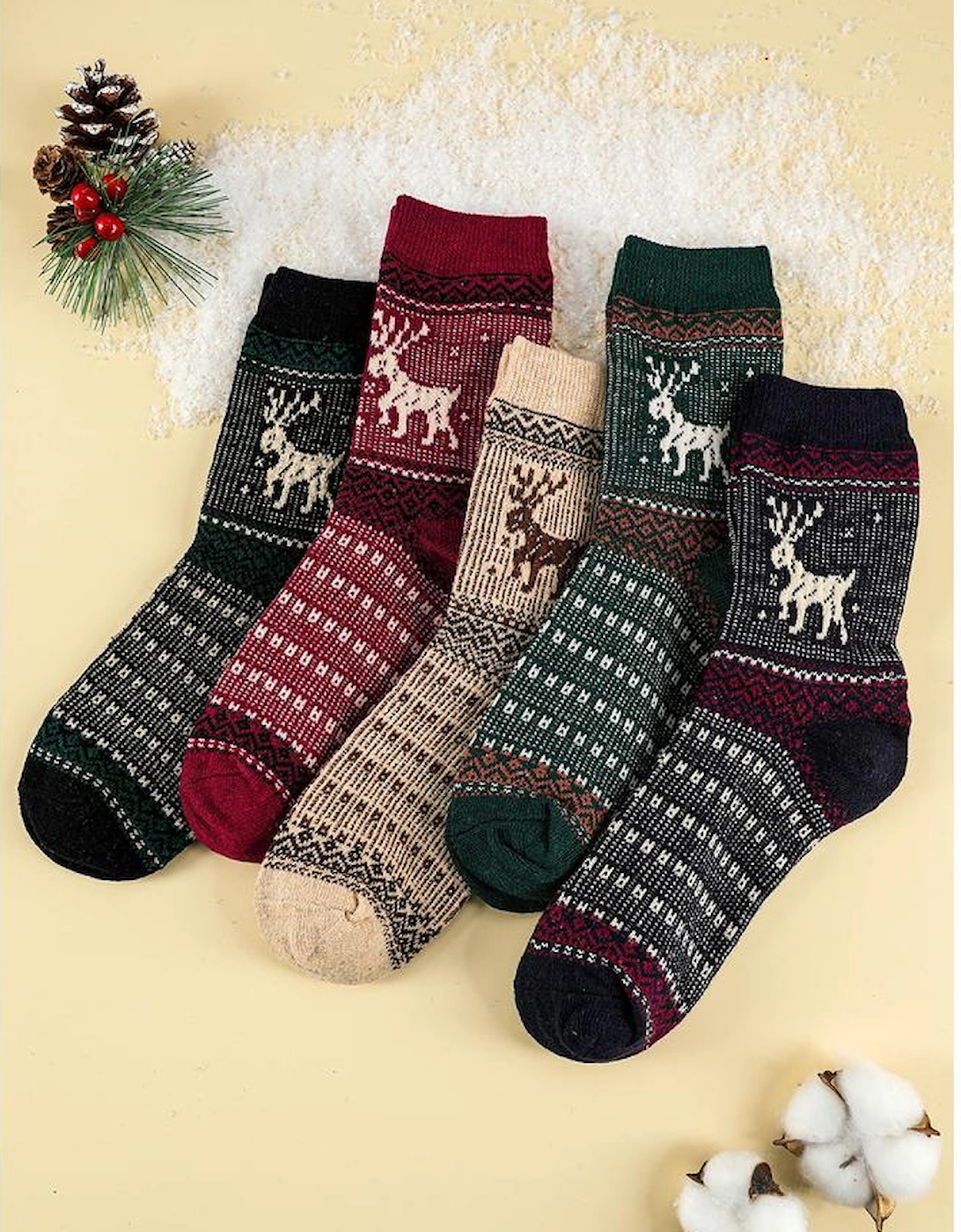 Blackish Green 5 Pairs/Set Christmas Reindeer Soft Crew Socks