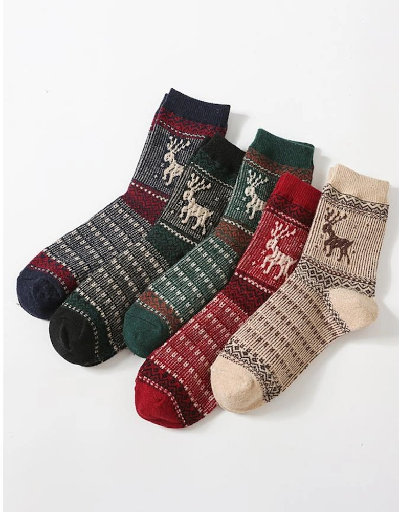 Blackish Green 5 Pairs/Set Christmas Reindeer Soft Crew Socks