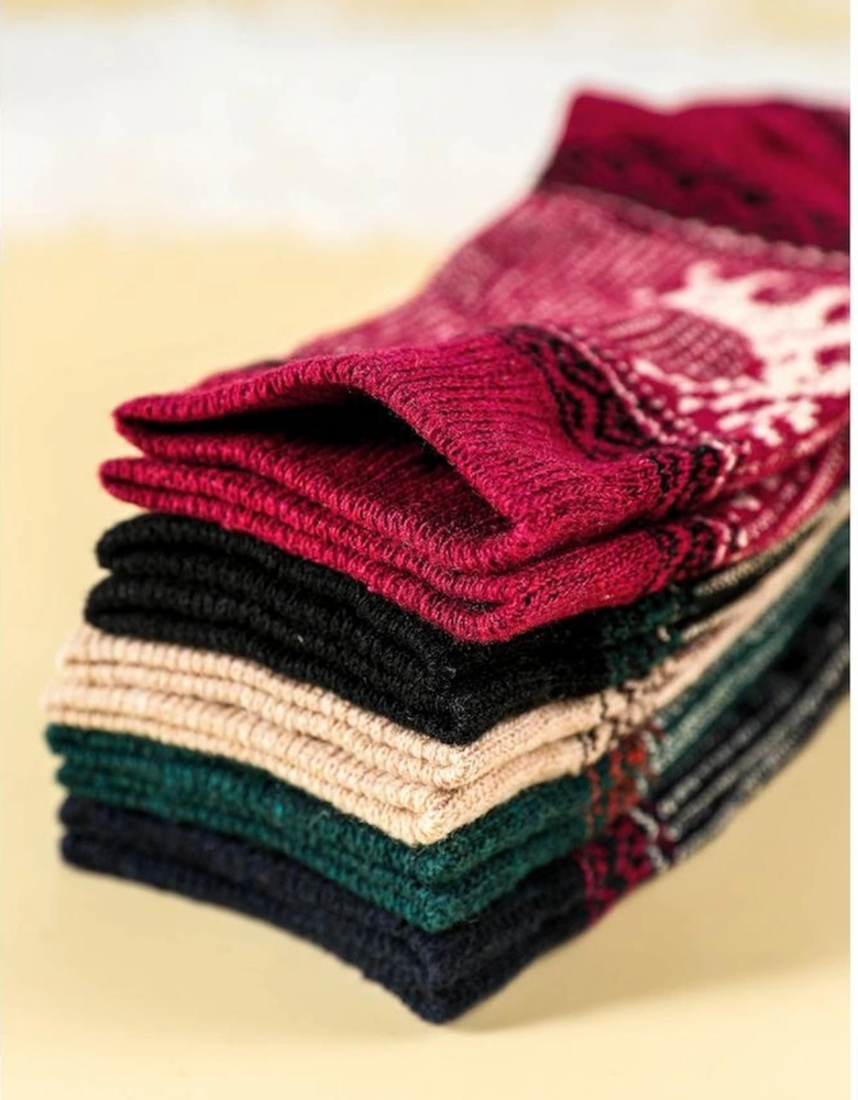 Blackish Green 5 Pairs/Set Christmas Reindeer Soft Crew Socks