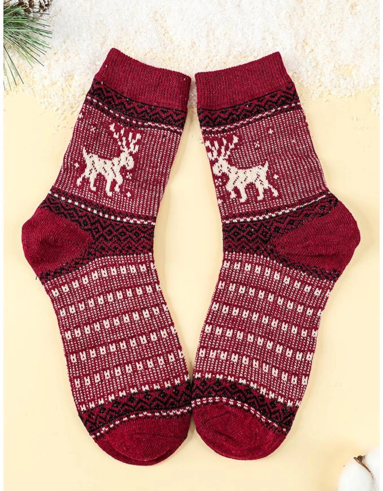 Blackish Green 5 Pairs/Set Christmas Reindeer Soft Crew Socks