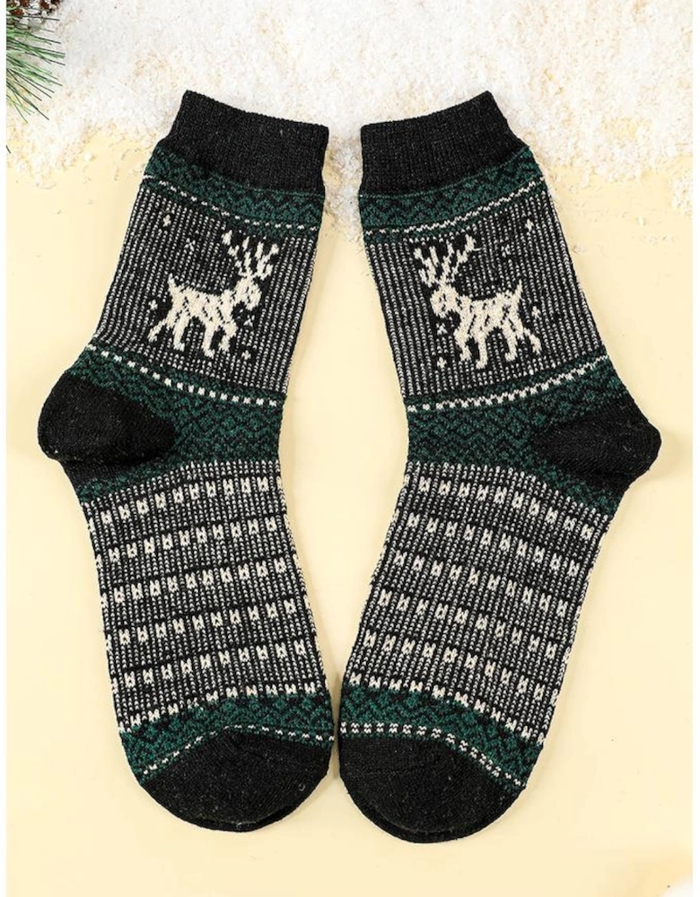 Blackish Green 5 Pairs/Set Christmas Reindeer Soft Crew Socks