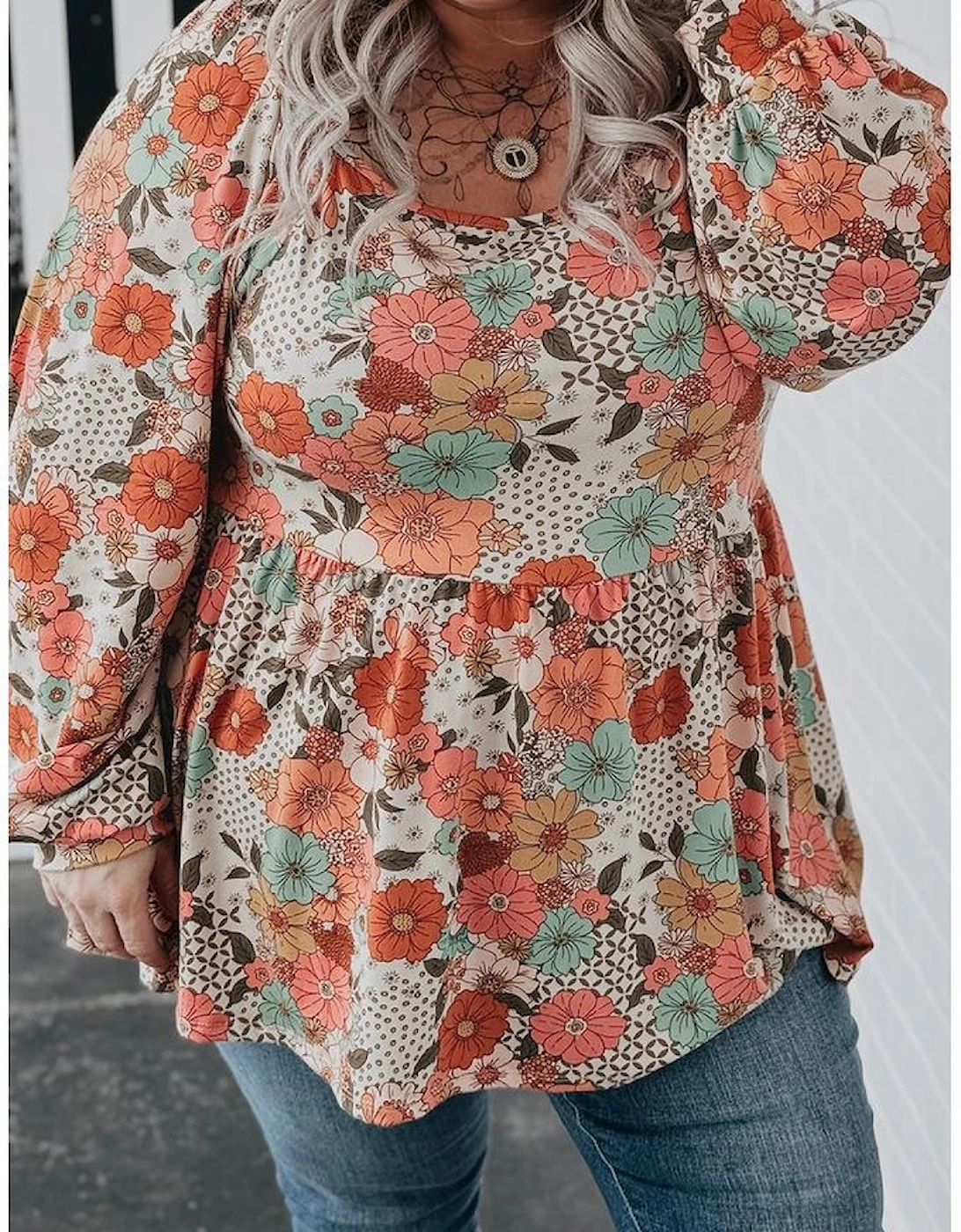 Khaki Plus Size Flower Print Square Neck Peplum Blouse