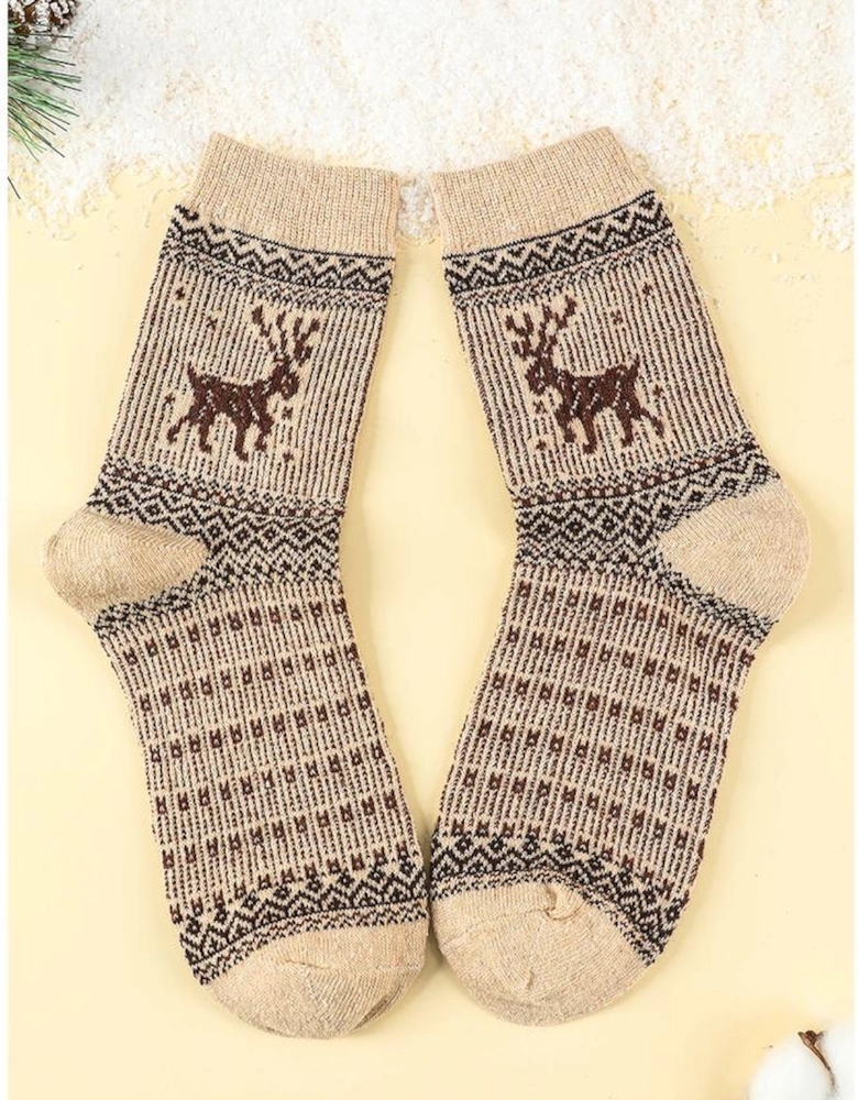 Blackish Green 5 Pairs/Set Christmas Reindeer Soft Crew Socks