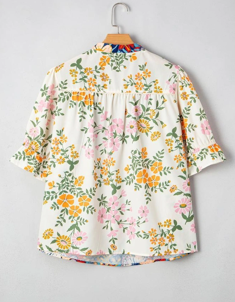Multicolour Plus Size Floral Print Woven V Neck Half Sleeve Blouse