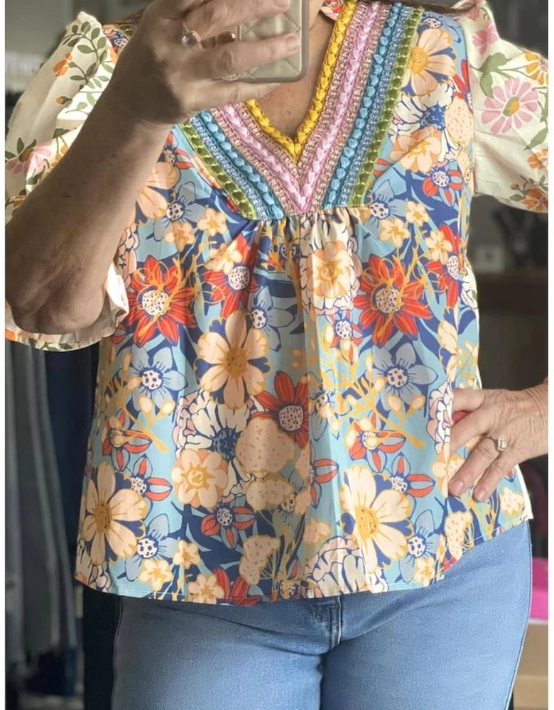 Multicolour Plus Size Floral Print Woven V Neck Half Sleeve Blouse