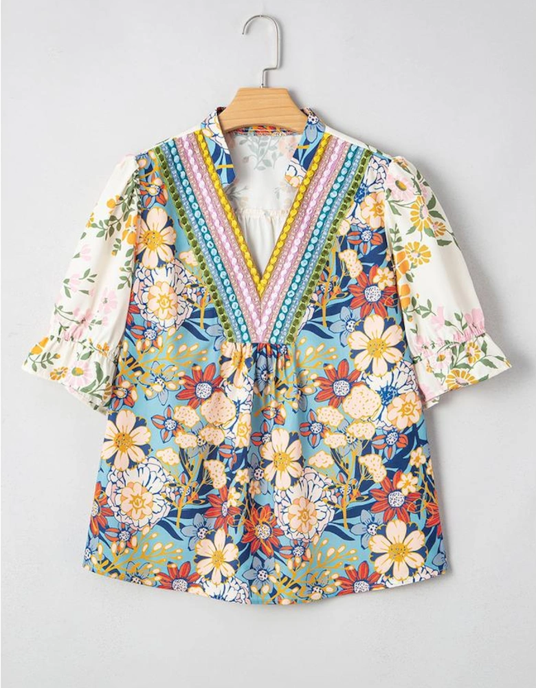 Multicolour Plus Size Floral Print Woven V Neck Half Sleeve Blouse