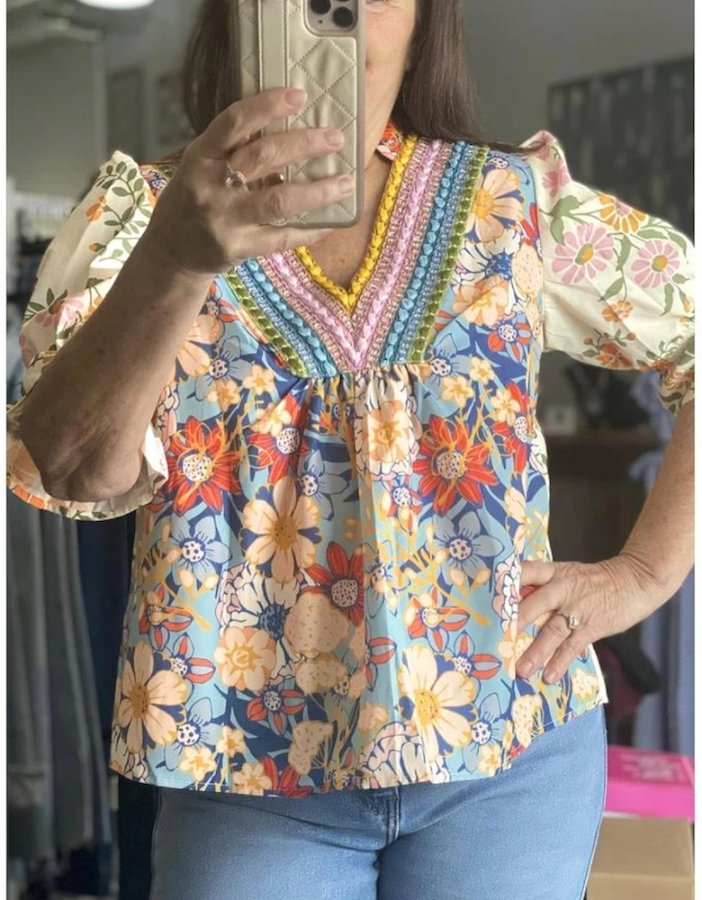 Multicolour Plus Size Floral Print Woven V Neck Half Sleeve Blouse