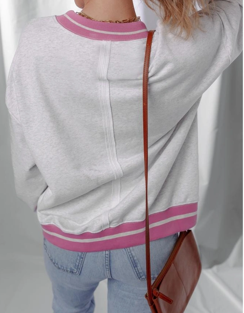 Gray Flower Patch Contrast Trim Crew Neck Sweatshirt