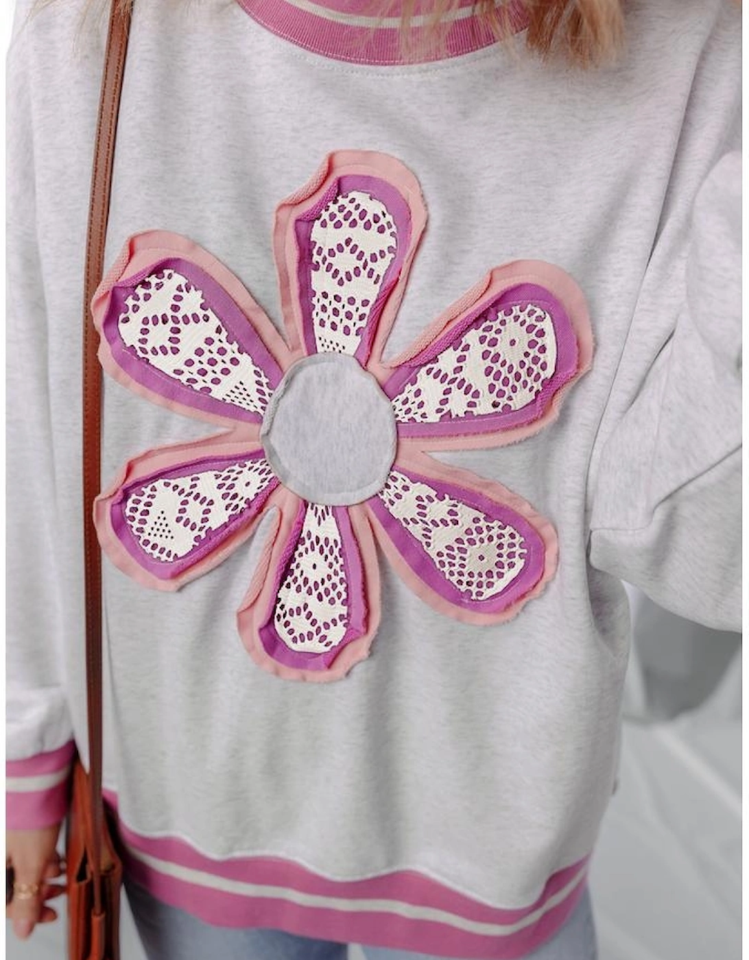 Gray Flower Patch Contrast Trim Crew Neck Sweatshirt