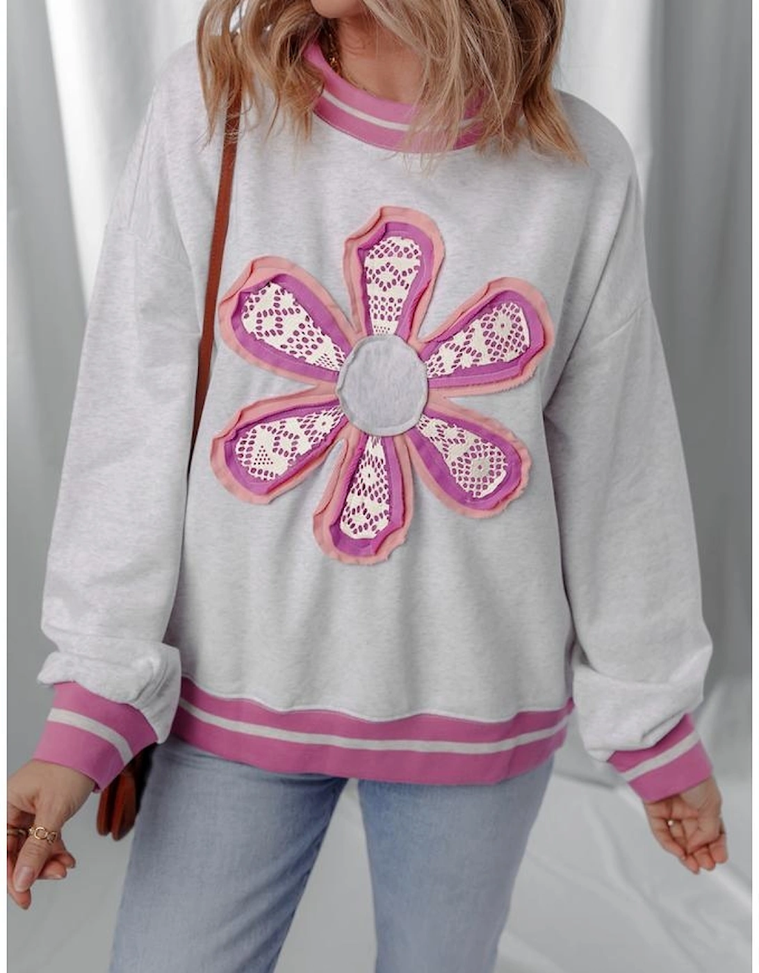 Gray Flower Patch Contrast Trim Crew Neck Sweatshirt