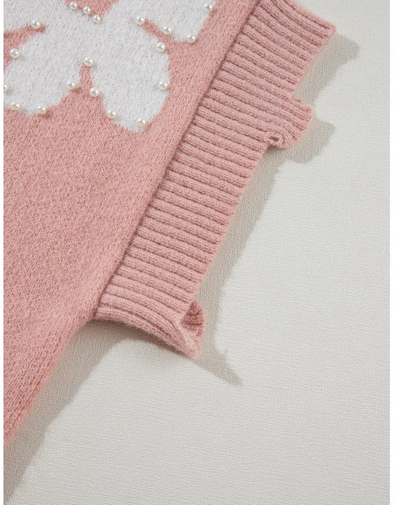 Light Pink Pearled Flower Distressed Edge Sweater T Shirt