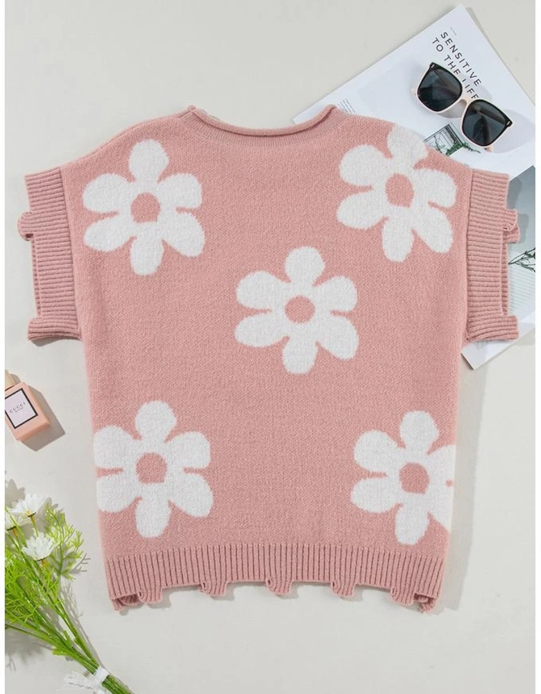 Light Pink Pearled Flower Distressed Edge Sweater T Shirt