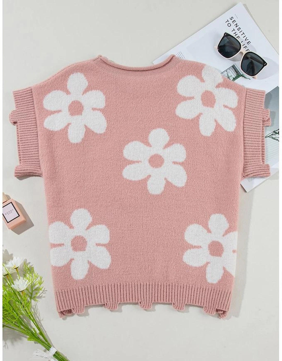 Light Pink Pearled Flower Distressed Edge Sweater T Shirt