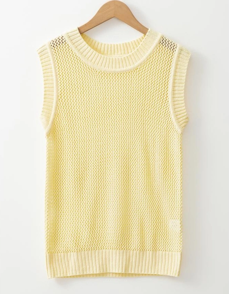 Yellow Solid Color Hollowed Knit Round Neck Sweater Vest