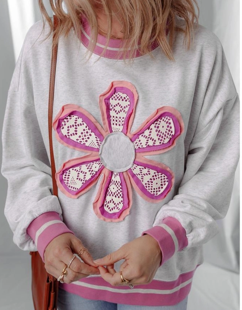 Gray Flower Patch Contrast Trim Crew Neck Sweatshirt