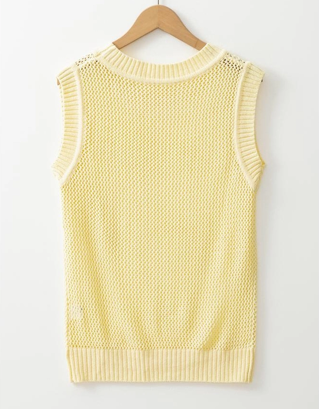 Yellow Solid Color Hollowed Knit Round Neck Sweater Vest