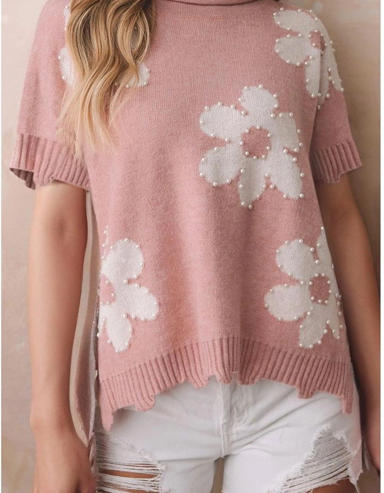 Light Pink Pearled Flower Distressed Edge Sweater T Shirt