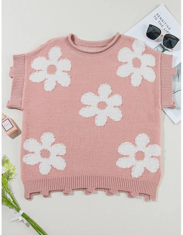Light Pink Pearled Flower Distressed Edge Sweater T Shirt
