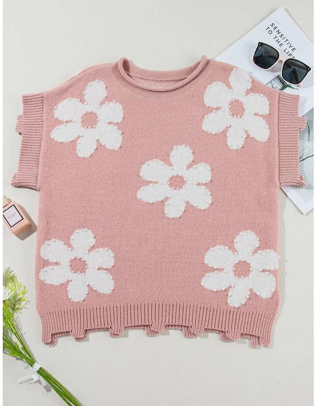 Light Pink Pearled Flower Distressed Edge Sweater T Shirt