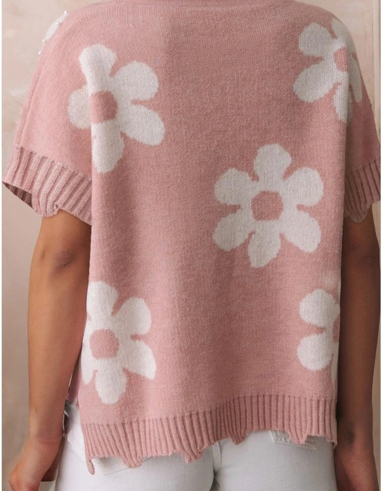 Light Pink Pearled Flower Distressed Edge Sweater T Shirt