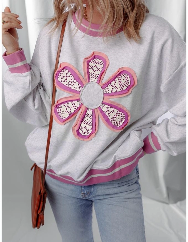 Gray Flower Patch Contrast Trim Crew Neck Sweatshirt