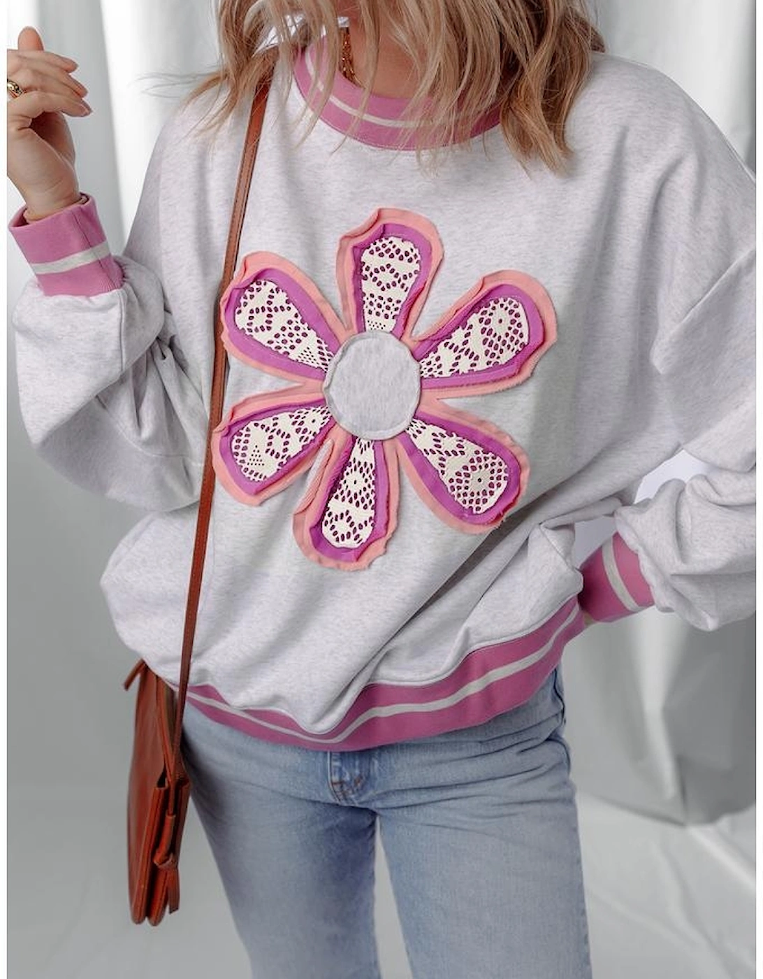 Gray Flower Patch Contrast Trim Crew Neck Sweatshirt