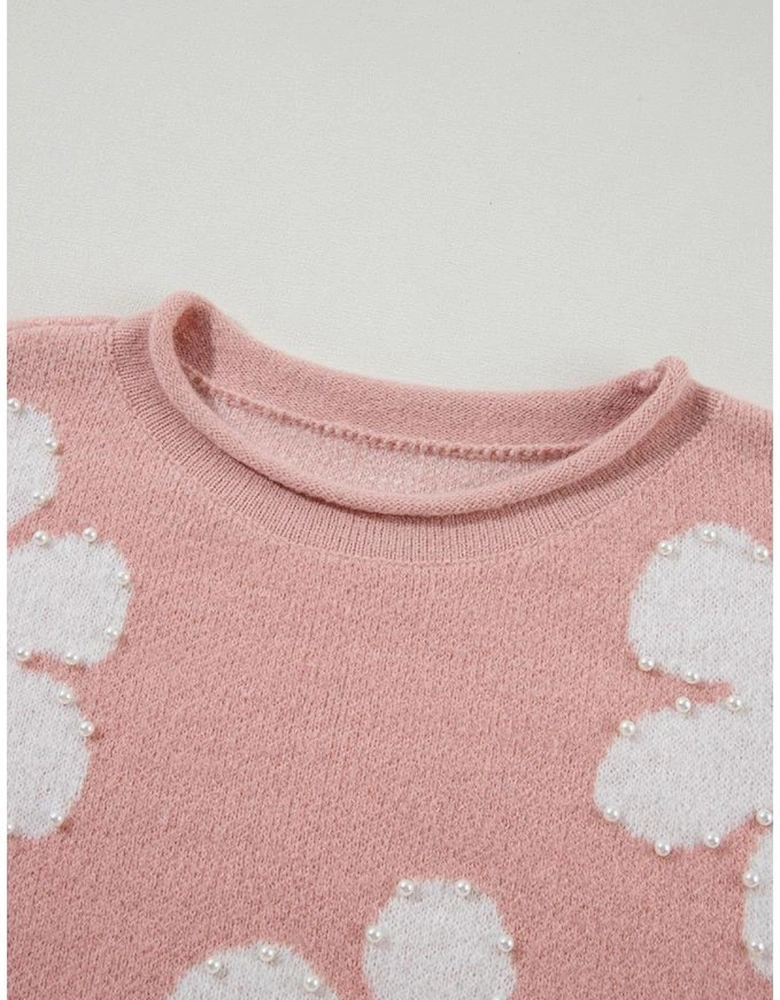 Light Pink Pearled Flower Distressed Edge Sweater T Shirt