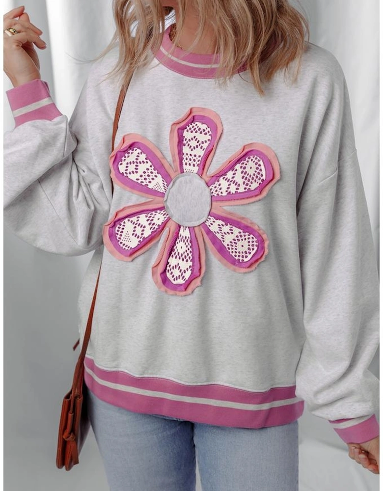 Gray Flower Patch Contrast Trim Crew Neck Sweatshirt