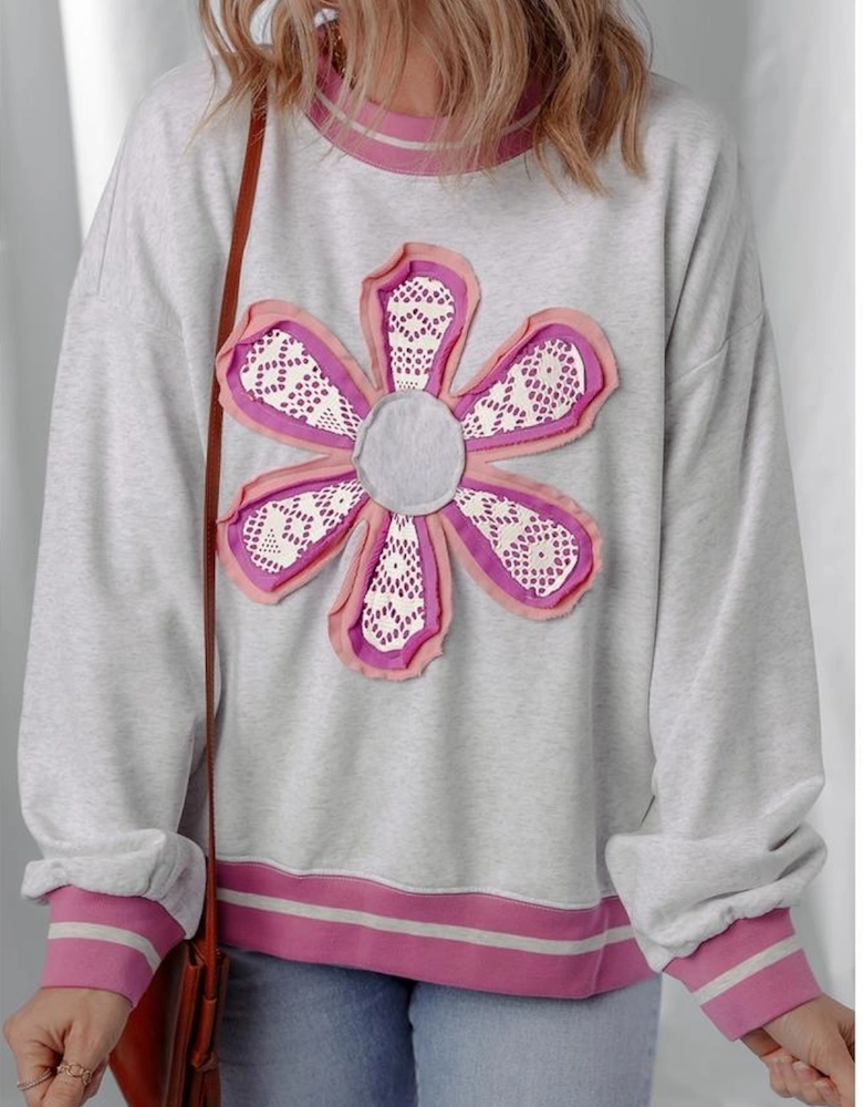 Gray Flower Patch Contrast Trim Crew Neck Sweatshirt