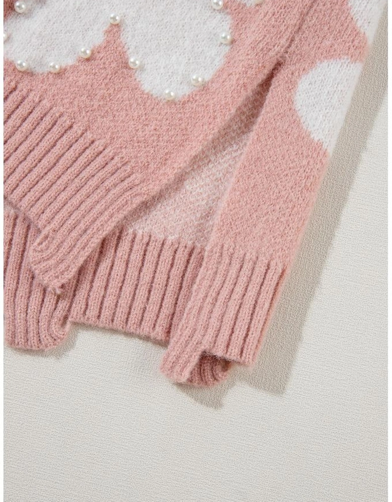 Light Pink Pearled Flower Distressed Edge Sweater T Shirt