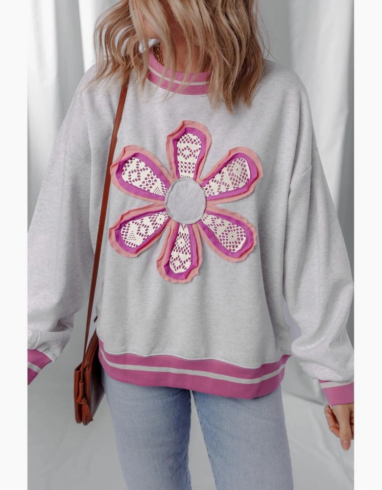 Gray Flower Patch Contrast Trim Crew Neck Sweatshirt