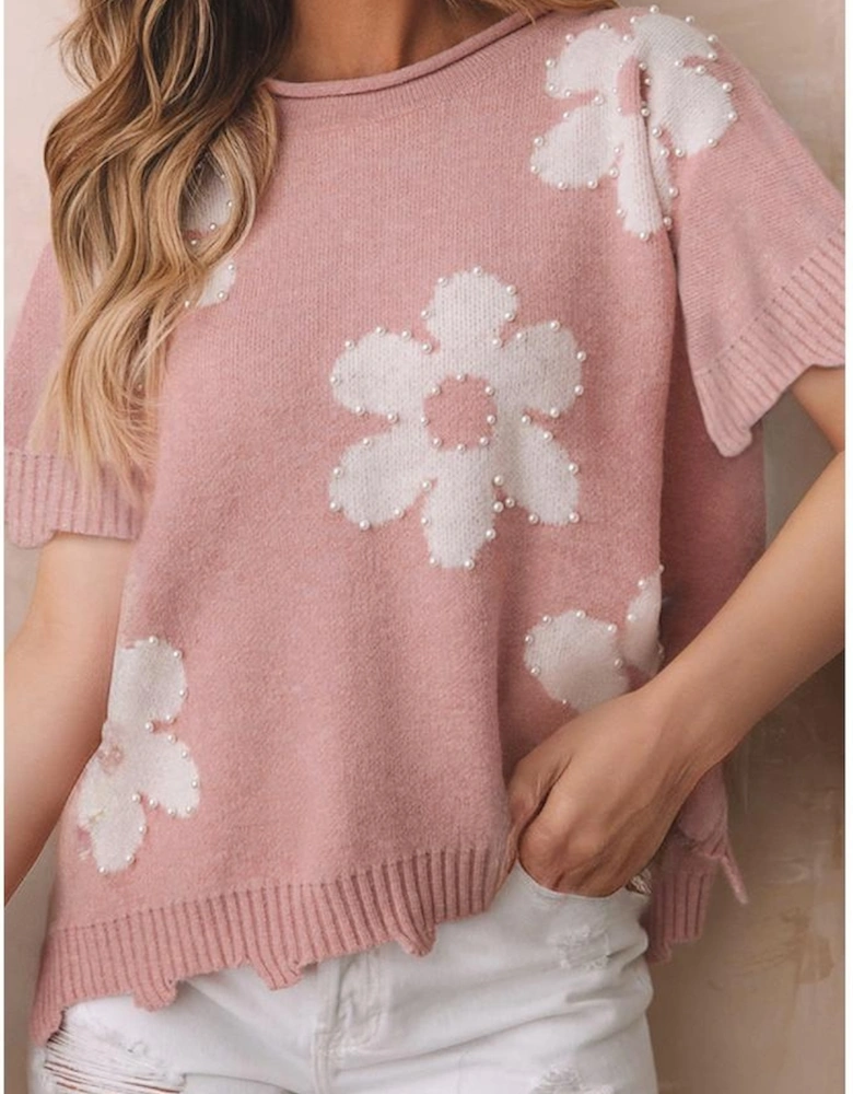 Light Pink Pearled Flower Distressed Edge Sweater T Shirt