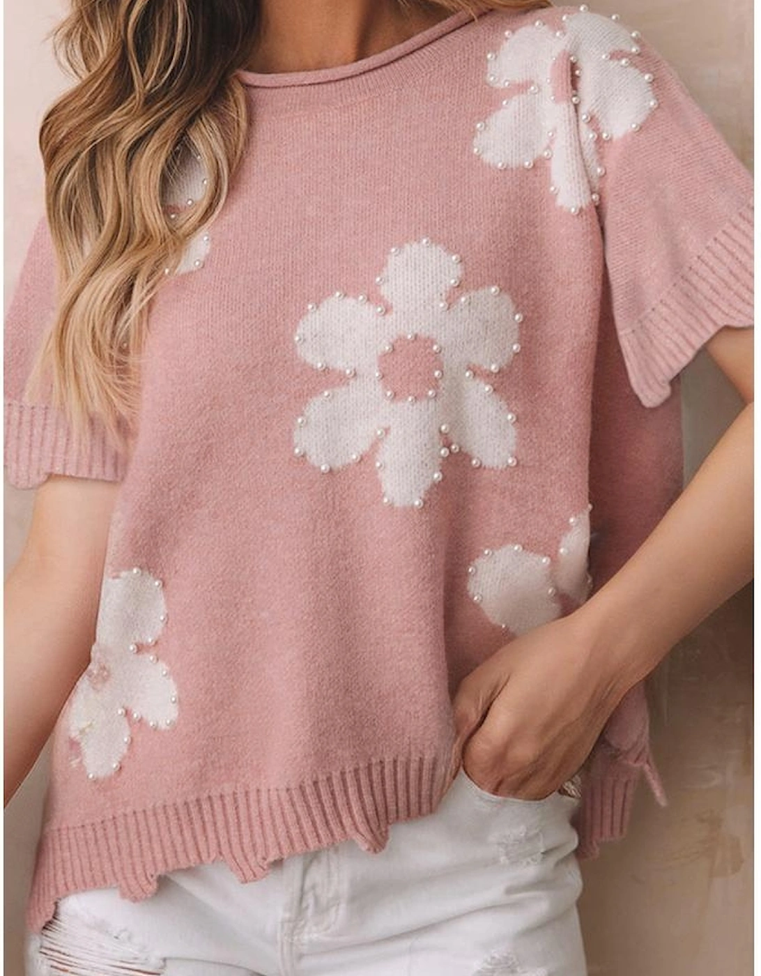 Light Pink Pearled Flower Distressed Edge Sweater T Shirt