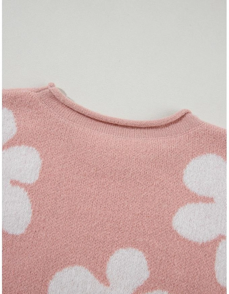 Light Pink Pearled Flower Distressed Edge Sweater T Shirt