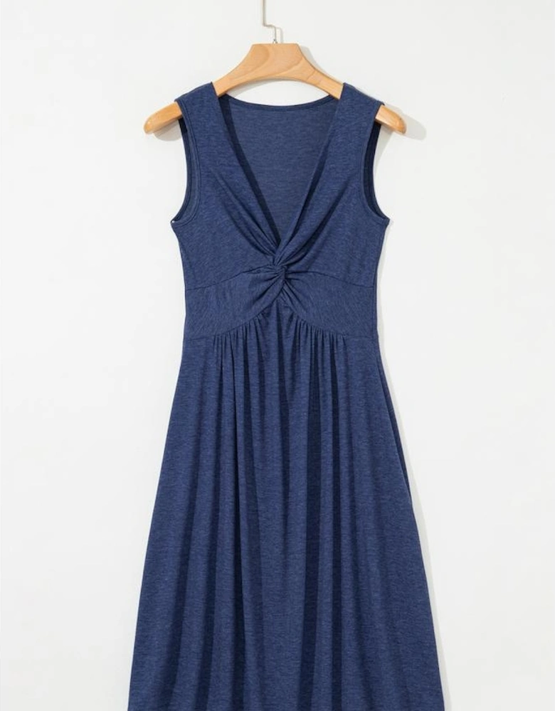 Dirty blue Twisted Bust V Neck Sleeveless Dress
