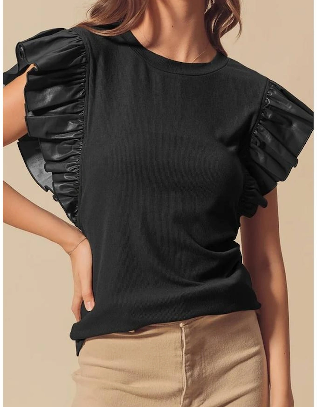 Black Leather Ruffle Sleeve Patchwork Round Neck Blouse
