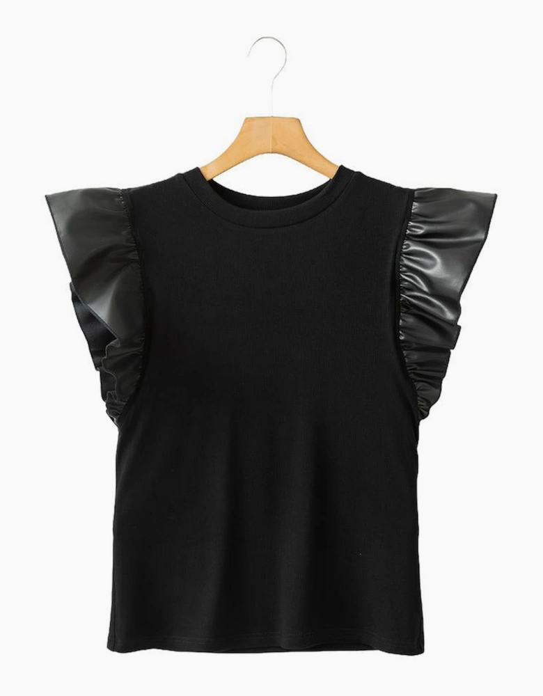 Black Leather Ruffle Sleeve Patchwork Round Neck Blouse