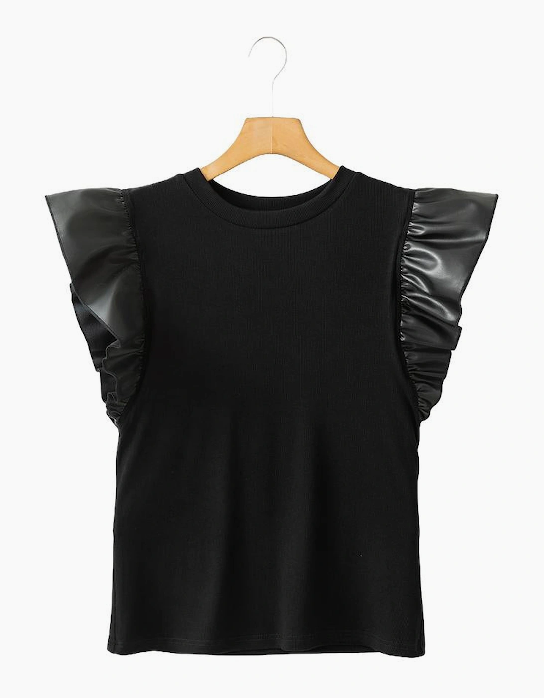 Black Leather Ruffle Sleeve Patchwork Round Neck Blouse