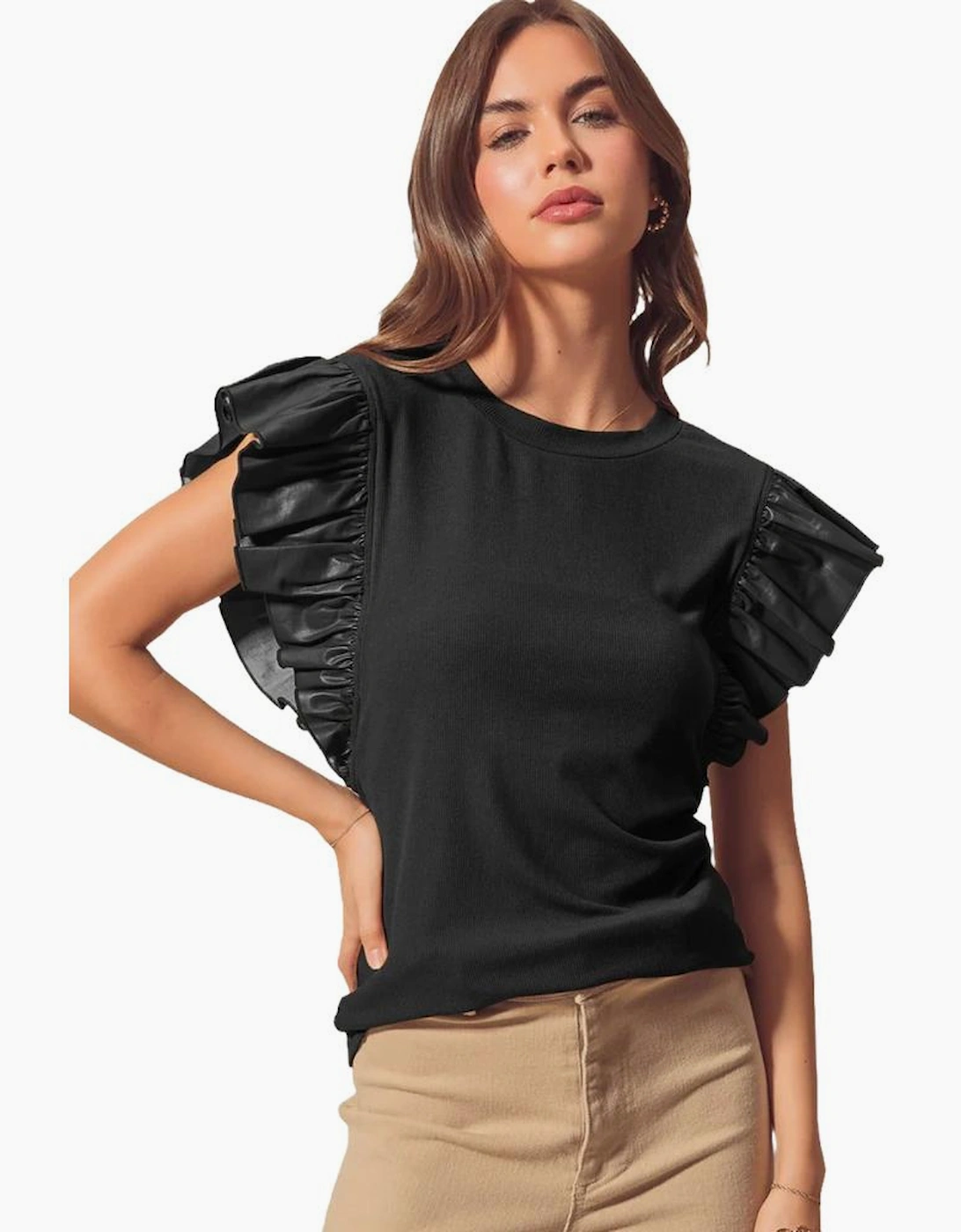 Black Leather Ruffle Sleeve Patchwork Round Neck Blouse