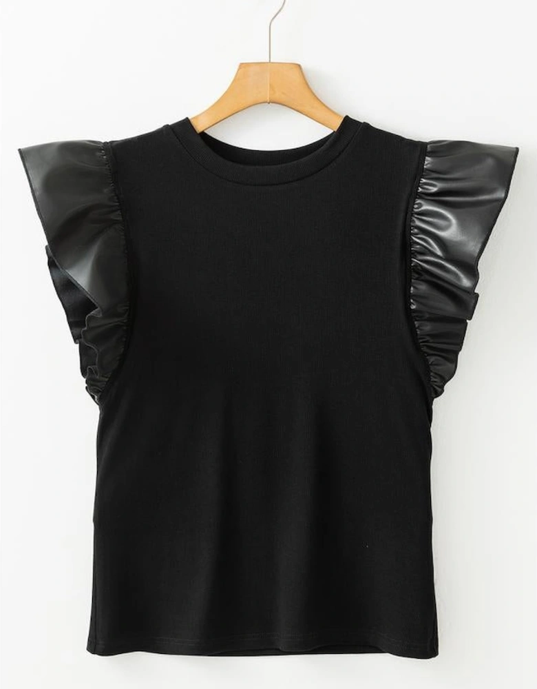 Black Leather Ruffle Sleeve Patchwork Round Neck Blouse