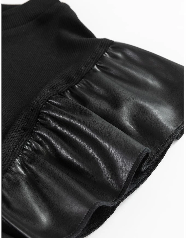 Black Leather Ruffle Sleeve Patchwork Round Neck Blouse