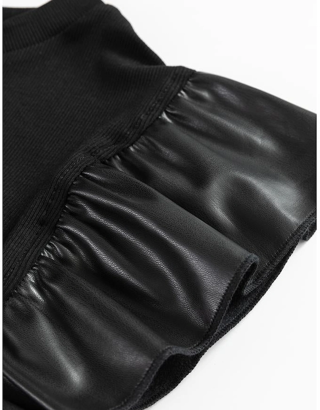 Black Leather Ruffle Sleeve Patchwork Round Neck Blouse