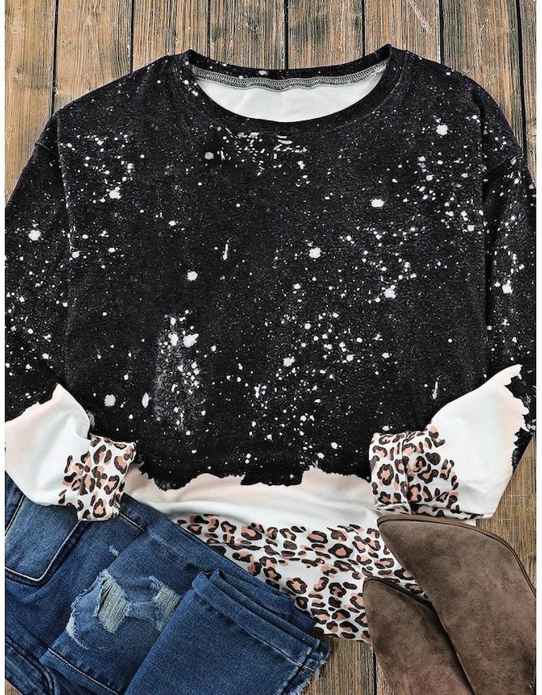 Black Leopard Bleached Pullover Sweatshirt