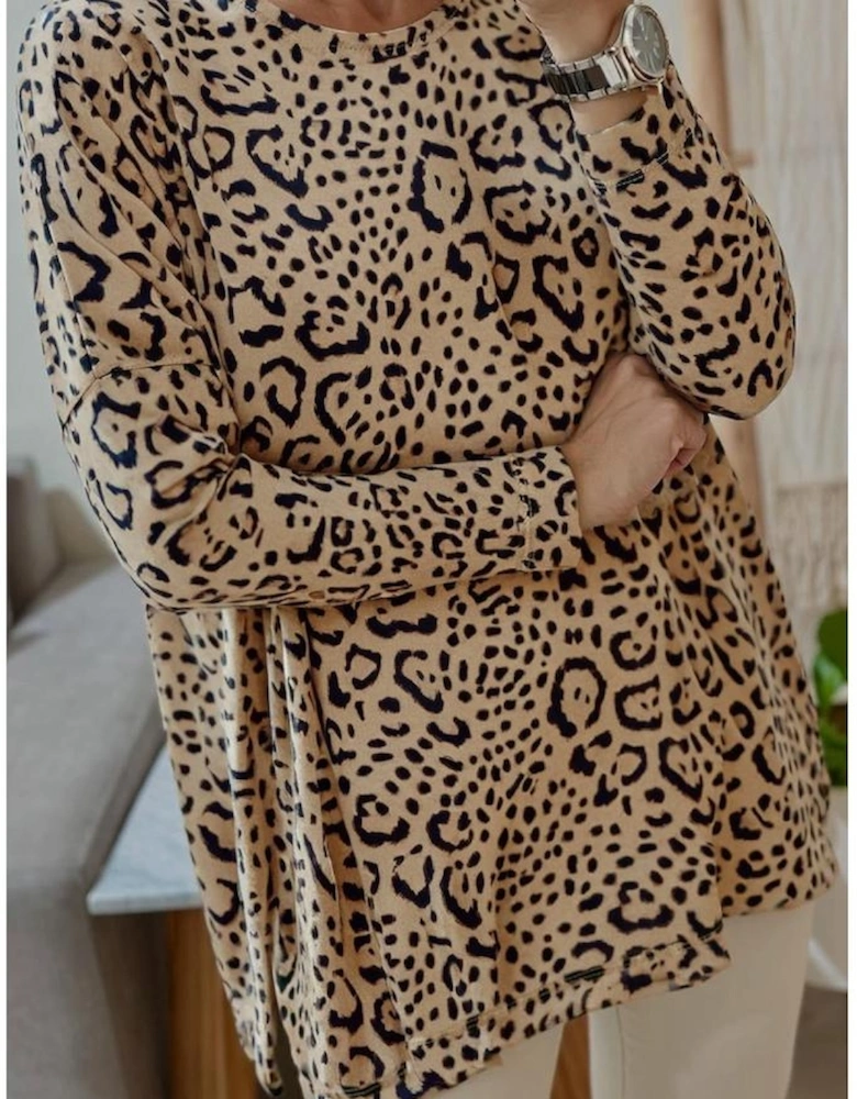Khaki Leopard Print Long Batwing Sleeve Loose Top