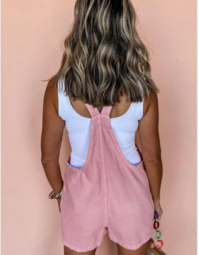 Pink Solid Color Knot Straps Denim Romper with Pockets