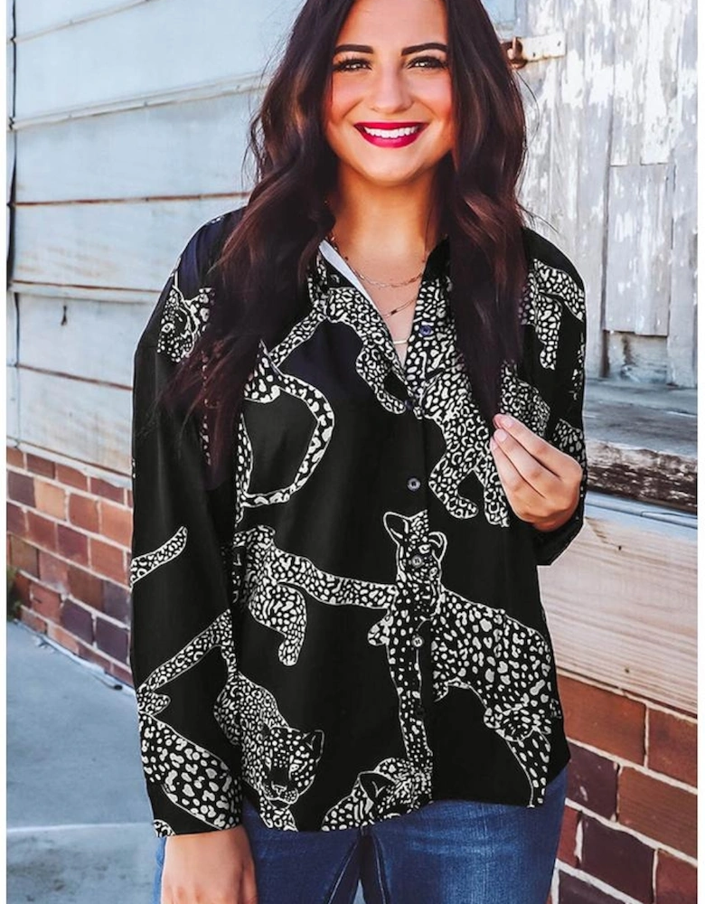 Black Cheetah Print Satin Shirt